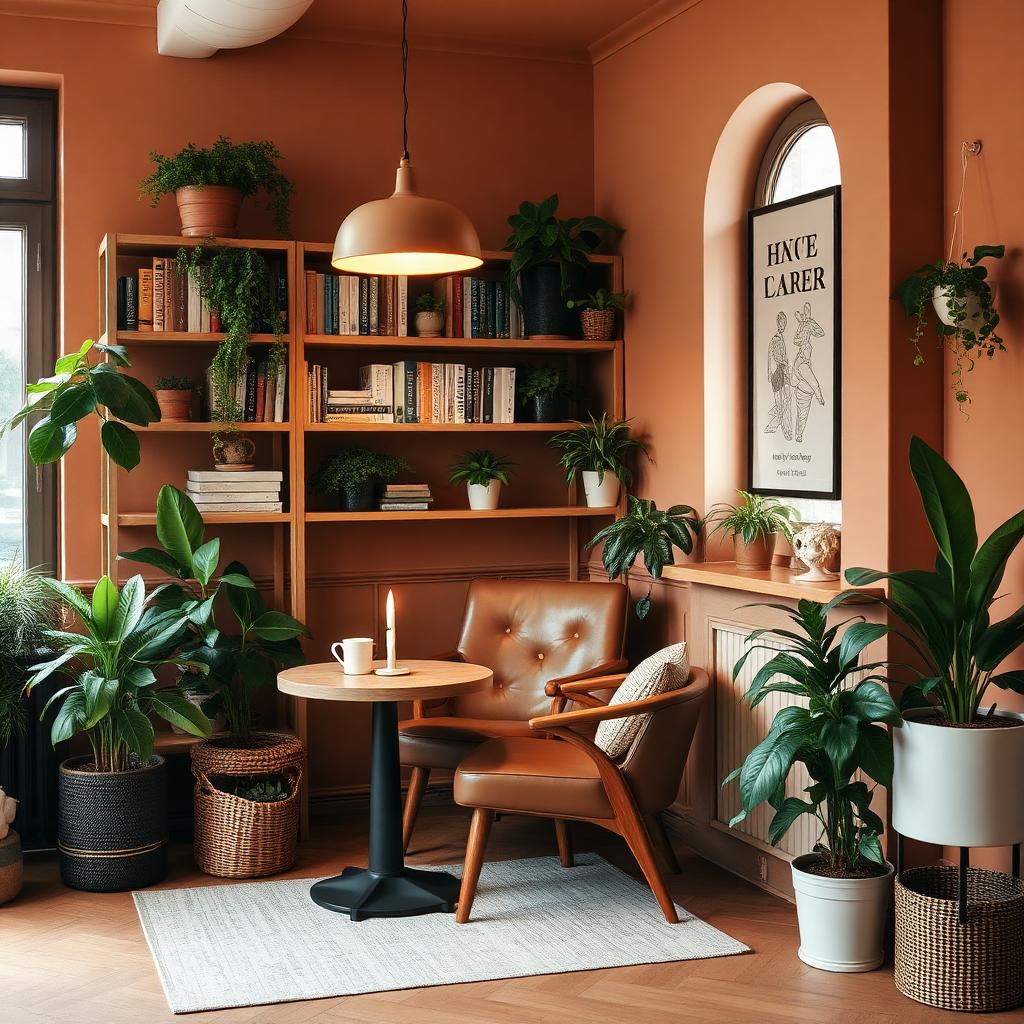 Hyggelig caféhjørne med planter